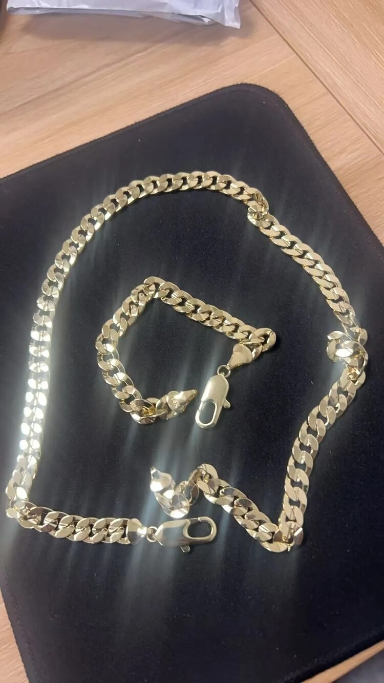 14K stamped Gold Cuban Link Chain and Bracelet Set Lobster Clasp Jewelry